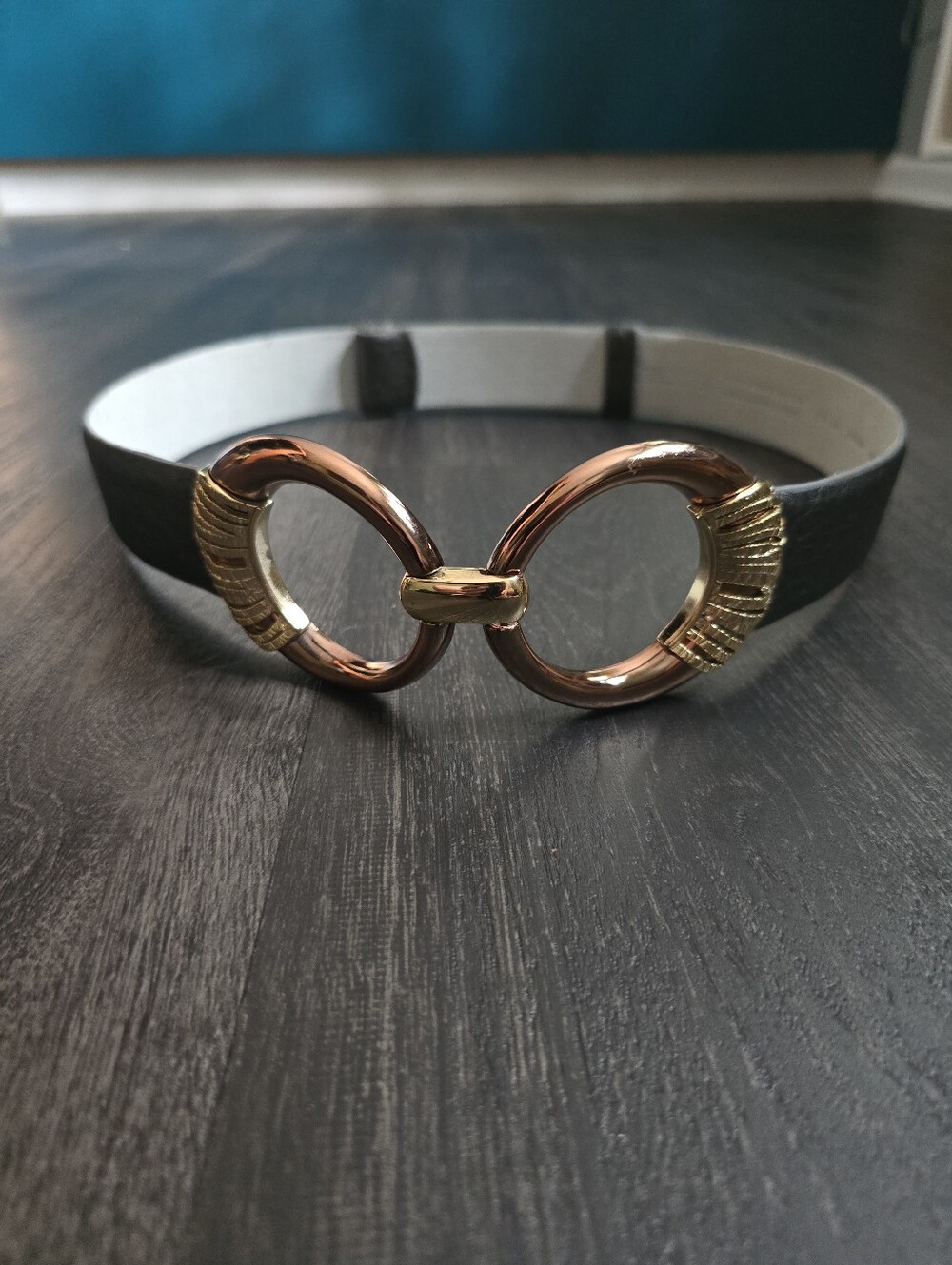 Chico's Double O-Ring Stretch Belt Gray Leather Two-Tone Rose Gold S/M